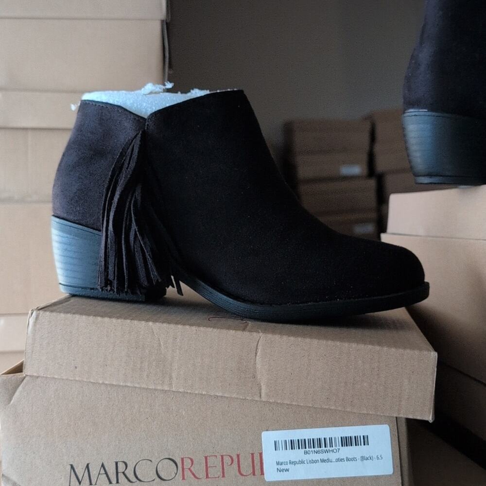 Marco Republic Lisbon Black Ankle Boots with Fringe Detail 6.5